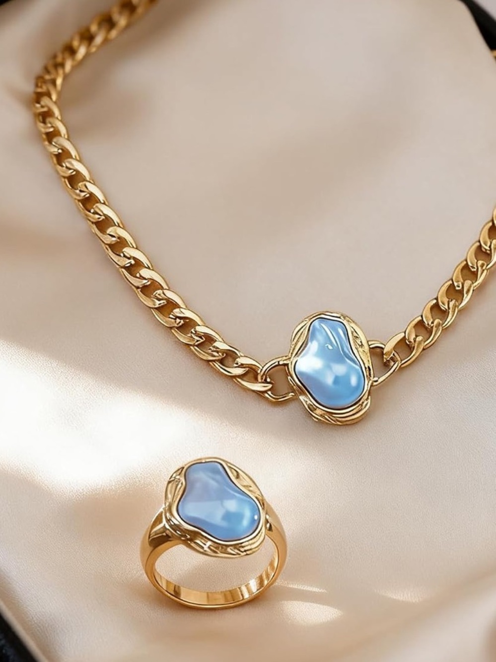 Anthropologie Gold Chain Necklace and Ring Set with Blue Stones